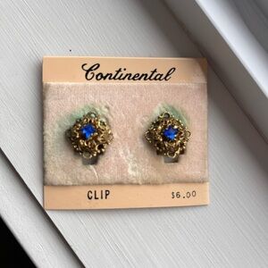 Antique gold tone Gold and Blue Clip on Earrings
